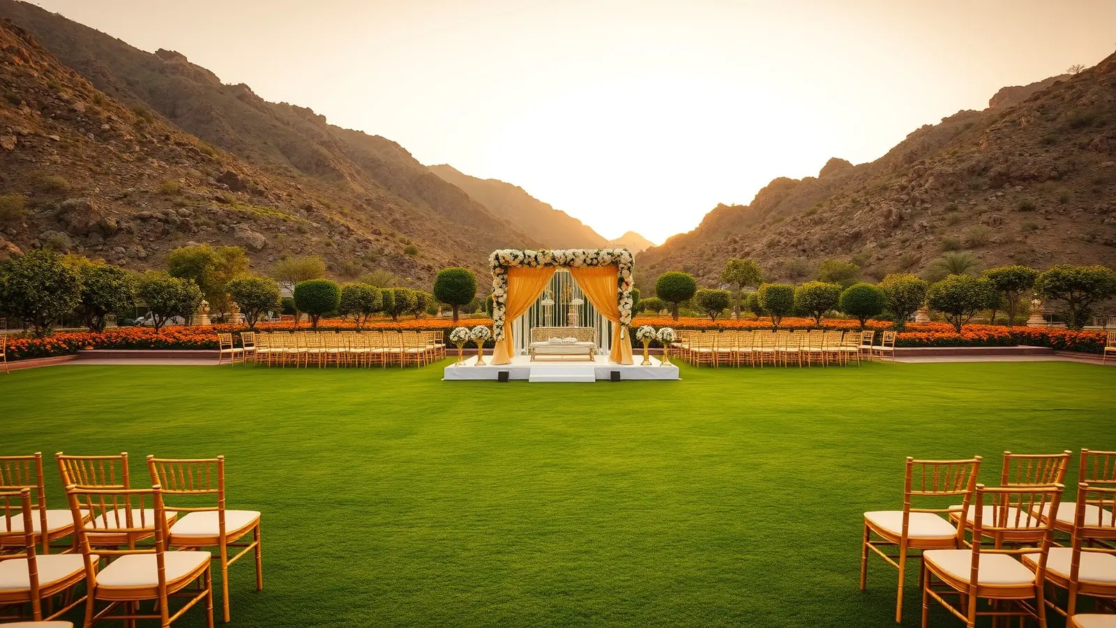A resort lawn in the Aravalli hills near Udaipur set for a wedding with a floral mandap