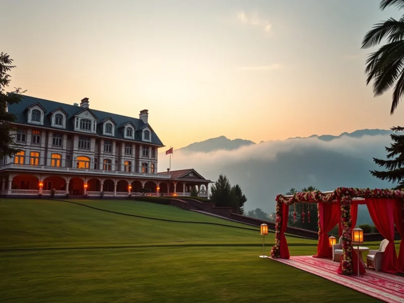 A grand colonial hill hotel with a wedding mandap on its lawn and misty hills beyond in Mussoorie