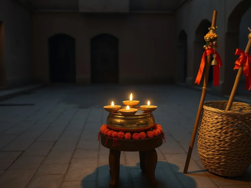 A decorated brass pot topped with lit oil lamps for a Punjabi jaggo night, with a belled stick and winnowing basket