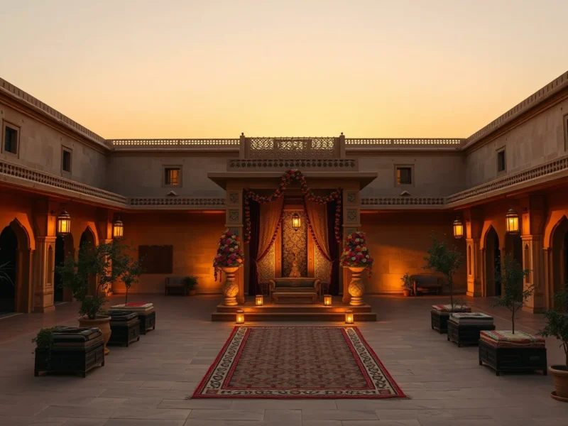 A golden sandstone resort courtyard in Jaisalmer decorated for a wedding at sunset