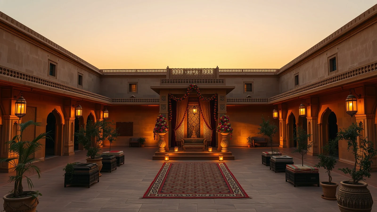A golden sandstone resort courtyard in Jaisalmer decorated for a wedding at sunset