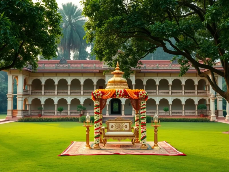 A heritage palace with arched verandahs and a jasmine and marigold mandap on the lawn in Bengaluru