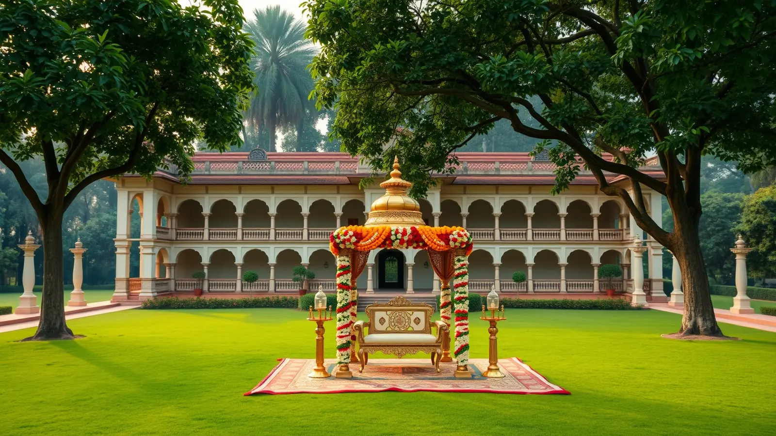 A heritage palace with arched verandahs and a jasmine and marigold mandap on the lawn in Bengaluru