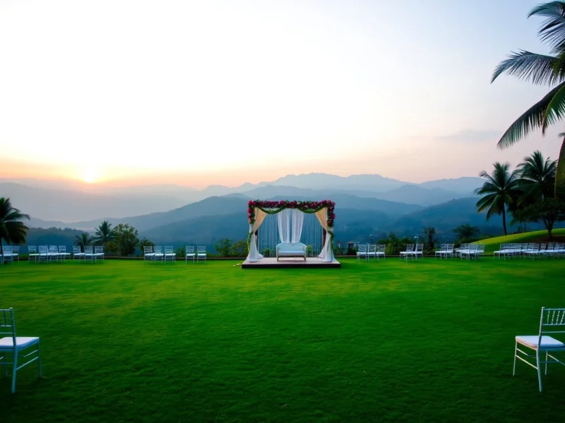 A golf resort lawn below misty hills near Bengaluru set for a wedding at sunset