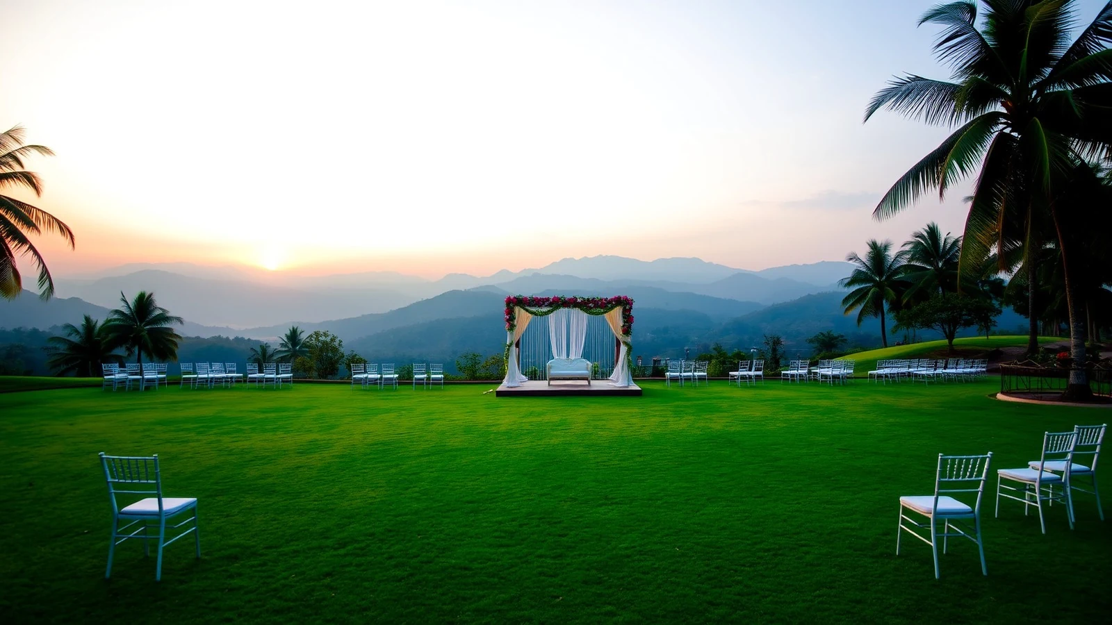 A golf resort lawn below misty hills near Bengaluru set for a wedding at sunset
