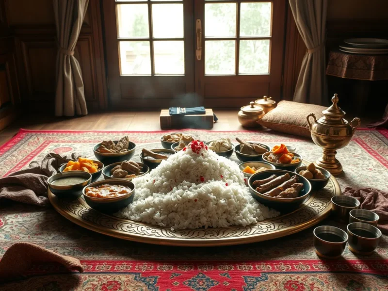 A wazwan feast on a copper trami with rice, rista and rogan josh, beside a samovar and cups of kahwa