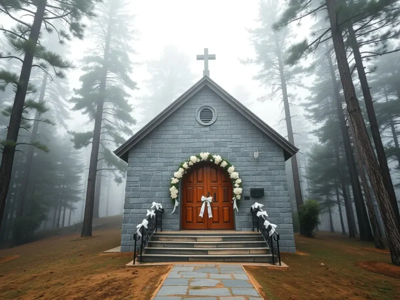 A stone church among pine trees in the misty Khasi hills decorated with white flowers for a wedding