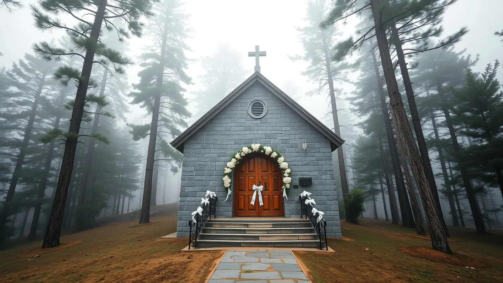 A stone church among pine trees in the misty Khasi hills decorated with white flowers for a wedding
