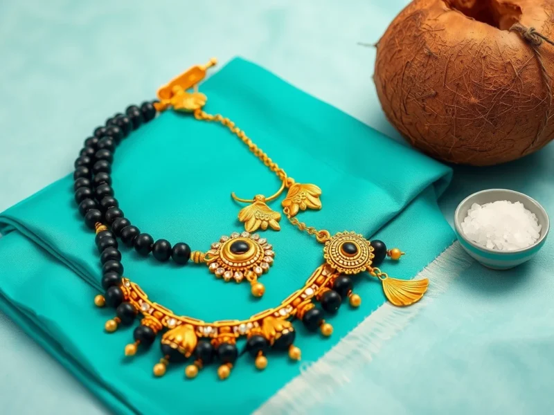 A gold and black bead necklace with a coconut and sugar on a silk sari, for the Koli wedding traditions guide