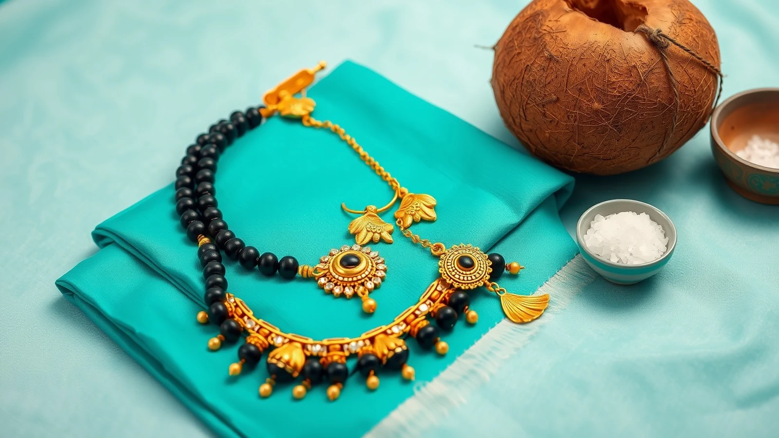 A gold and black bead necklace with a coconut and sugar on a silk sari, for the Koli wedding traditions guide