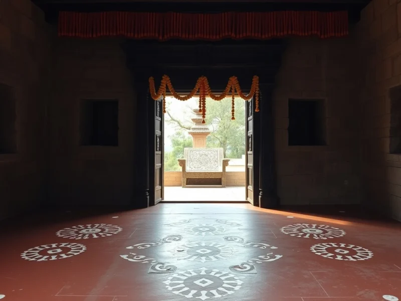 White aipan patterns on a red ochre floor inside a Kumaoni stone house, with marigold garlands at the doorway