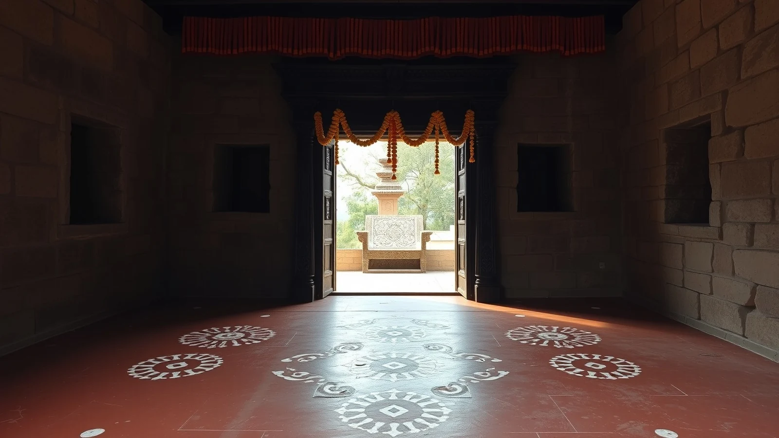 White aipan patterns on a red ochre floor inside a Kumaoni stone house, with marigold garlands at the doorway