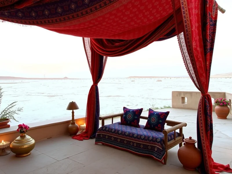 Ajrakh and bandhani canopy over a mirror-work seat with brass and terracotta, the white salt desert of Kutch beyond