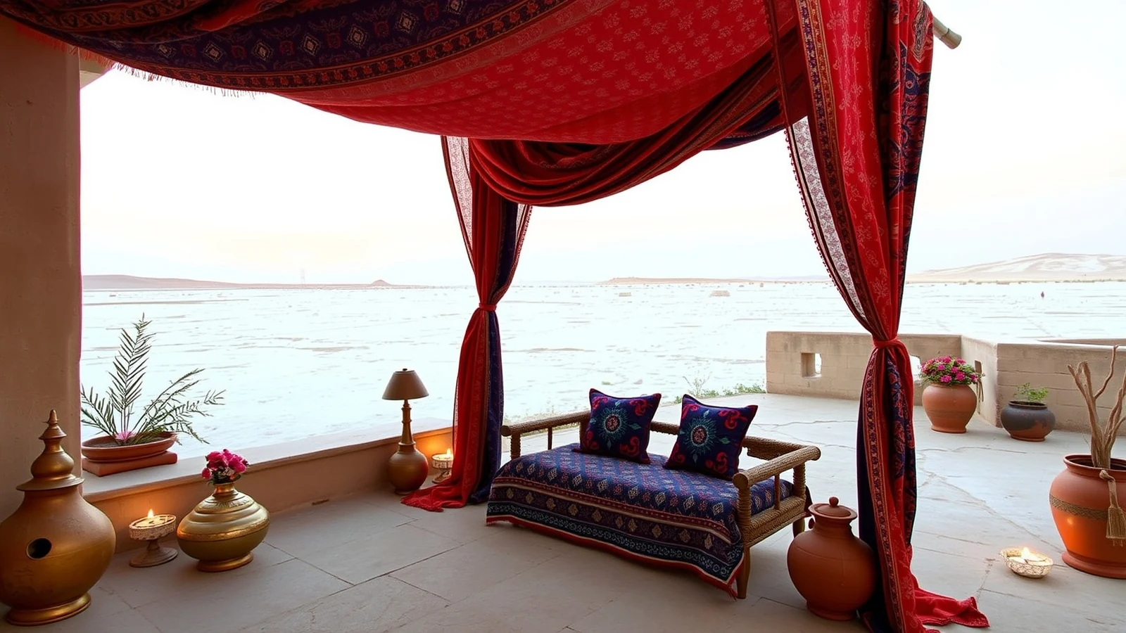 Ajrakh and bandhani canopy over a mirror-work seat with brass and terracotta, the white salt desert of Kutch beyond