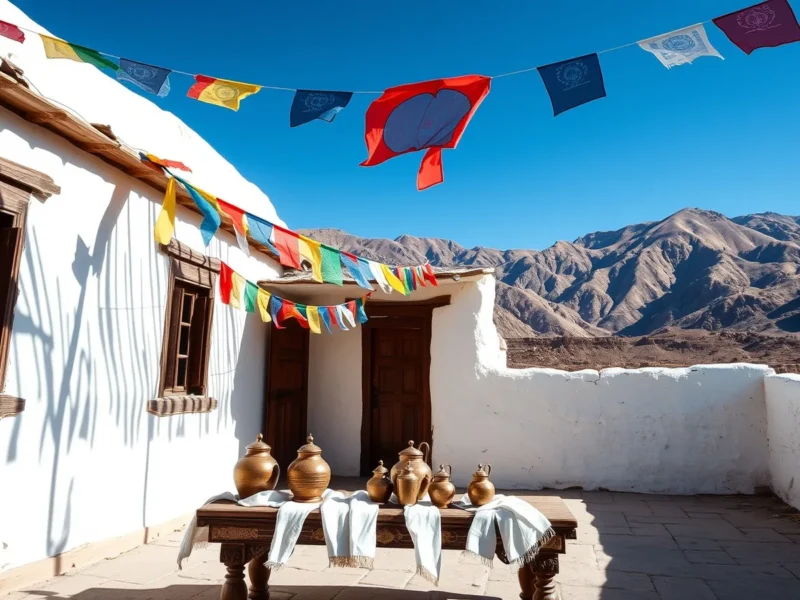 A whitewashed Ladakhi house with prayer flags, white khatak scarves and brass pots, mountains behind