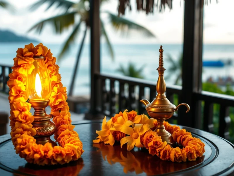 Two marigold and jasmine wedding garlands beside a lit brass lamp on a carved wooden table