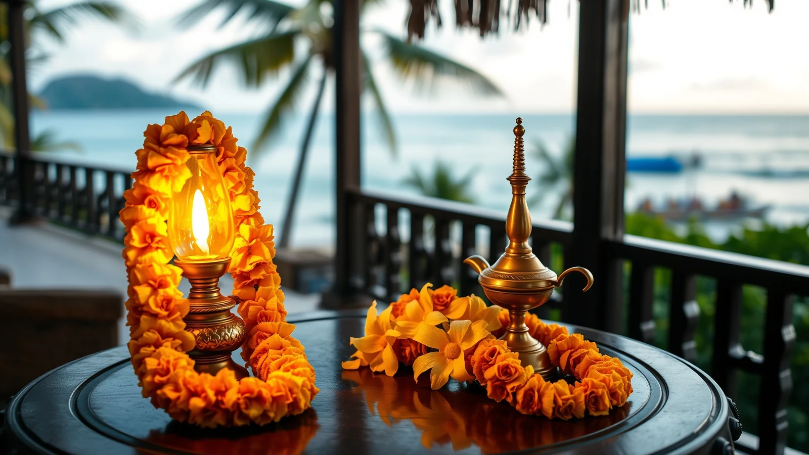 Two marigold and jasmine wedding garlands beside a lit brass lamp on a carved wooden table