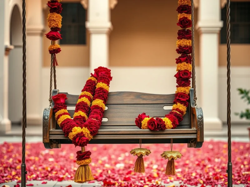 Two rose and marigold wedding garlands resting side by side on a carved wooden swing