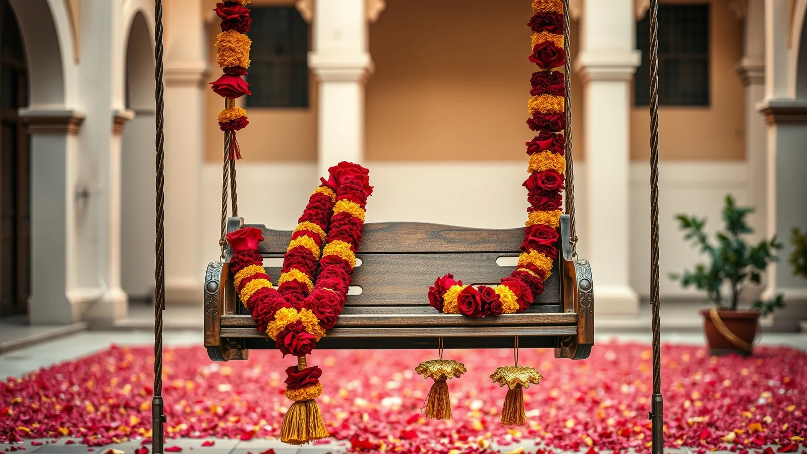 Two rose and marigold wedding garlands resting side by side on a carved wooden swing