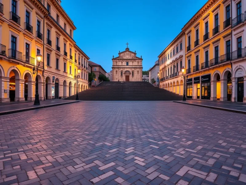 A historic square with wave-patterned paving and pastel colonial buildings at dusk
