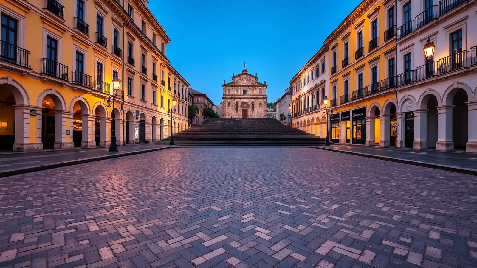 A historic square with wave-patterned paving and pastel colonial buildings at dusk