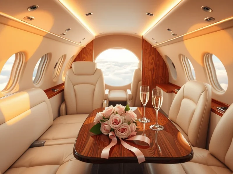 A private jet cabin set for a celebration with champagne flutes and pink and white roses