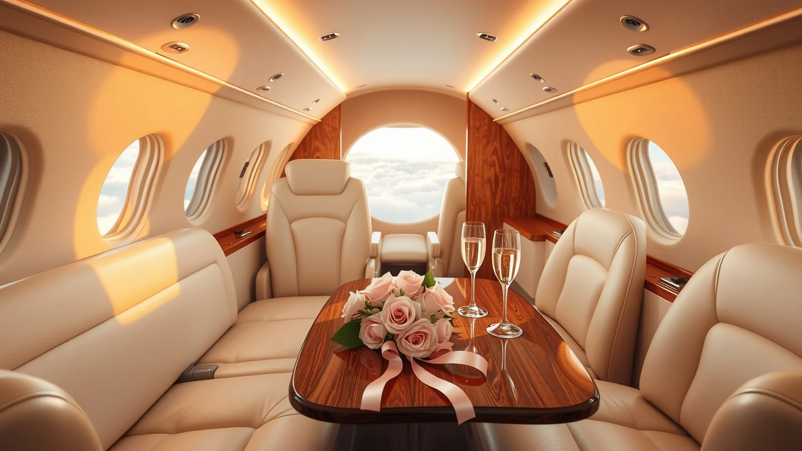 A private jet cabin set for a celebration with champagne flutes and pink and white roses