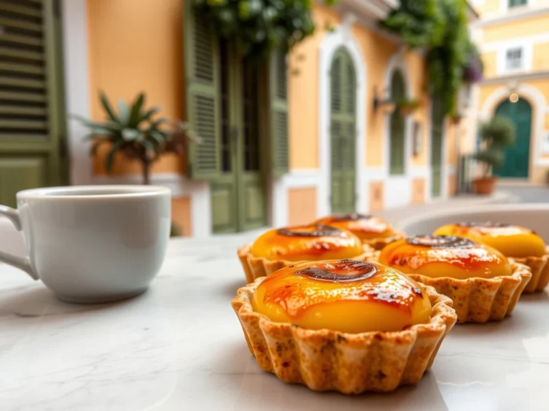 Portuguese-style egg tarts and a cup of tea on a marble cafe table in front of a pastel colonial street