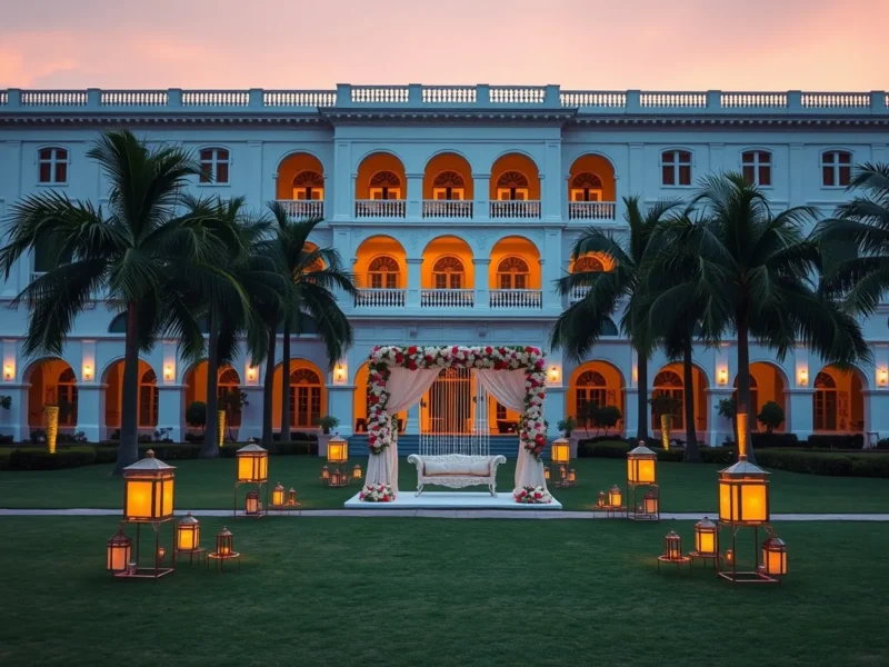 A white colonial heritage hotel behind a palm-lined lawn set for a wedding at dusk in Delhi