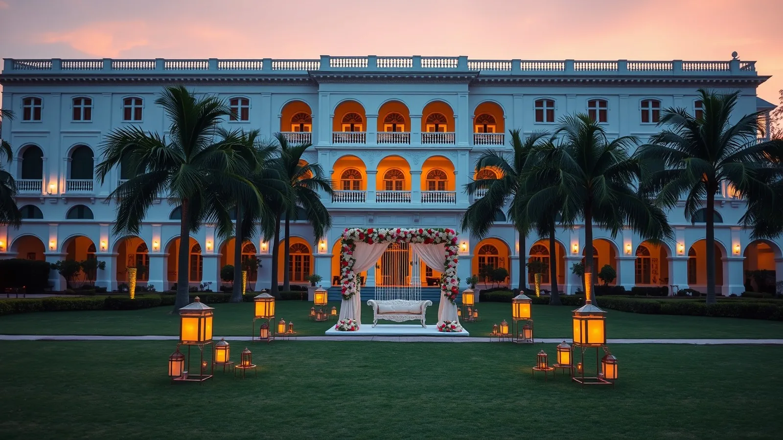 A white colonial heritage hotel behind a palm-lined lawn set for a wedding at dusk in Delhi