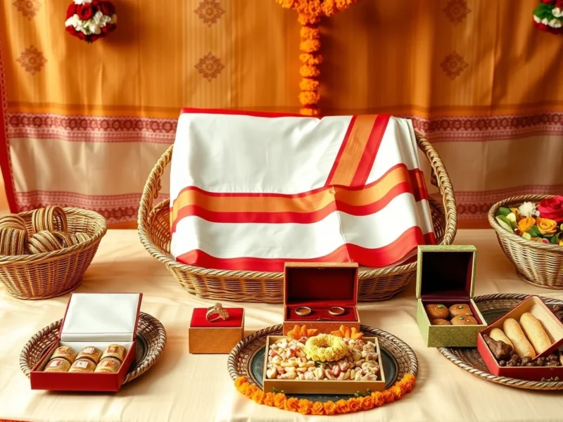 A Gujarati mameru display with a white and red panetar saree, bangles and sweets in decorated baskets