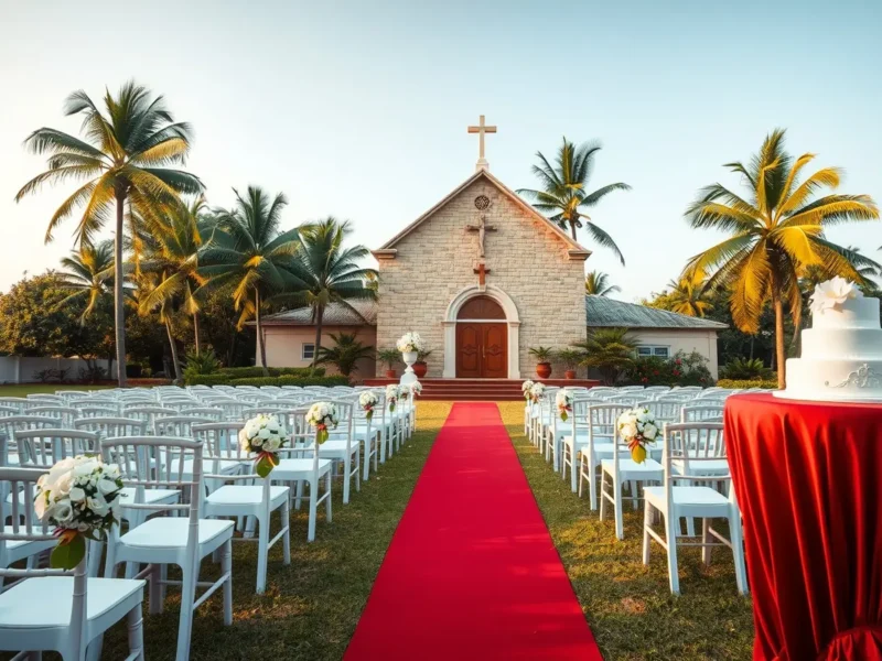 A church lawn on the Karnataka coast set with white chairs and a wedding cake for a Mangalorean Catholic wedding