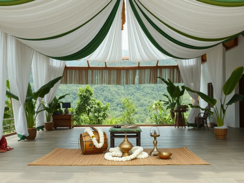 A Manipuri wedding courtyard with a white and green canopy, a pung drum, cymbals and white garlands