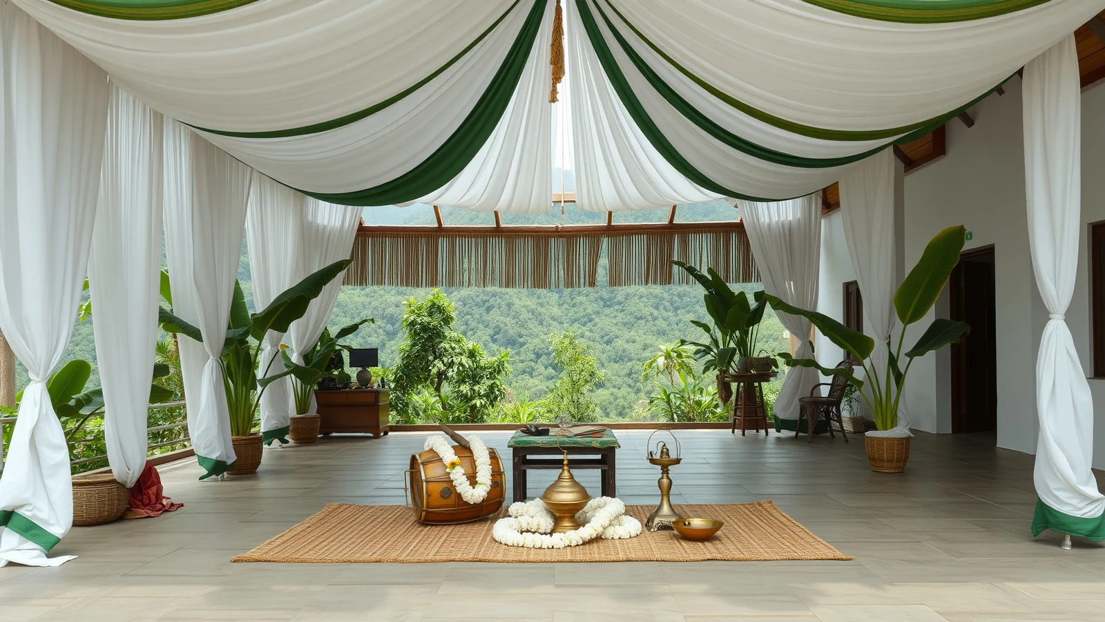 A Manipuri wedding courtyard with a white and green canopy, a pung drum, cymbals and white garlands