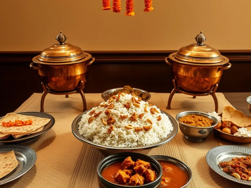 Thalassery biryani in copper vessels with pathiri and curries on a Malabar wedding feast table