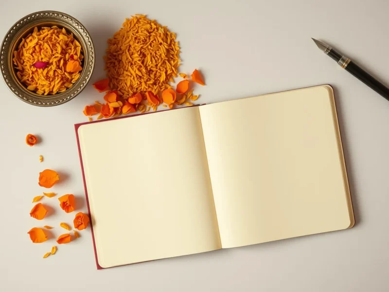 An open wedding planner with turmeric rice and marigold petals, for the 2028 marriage dates guide