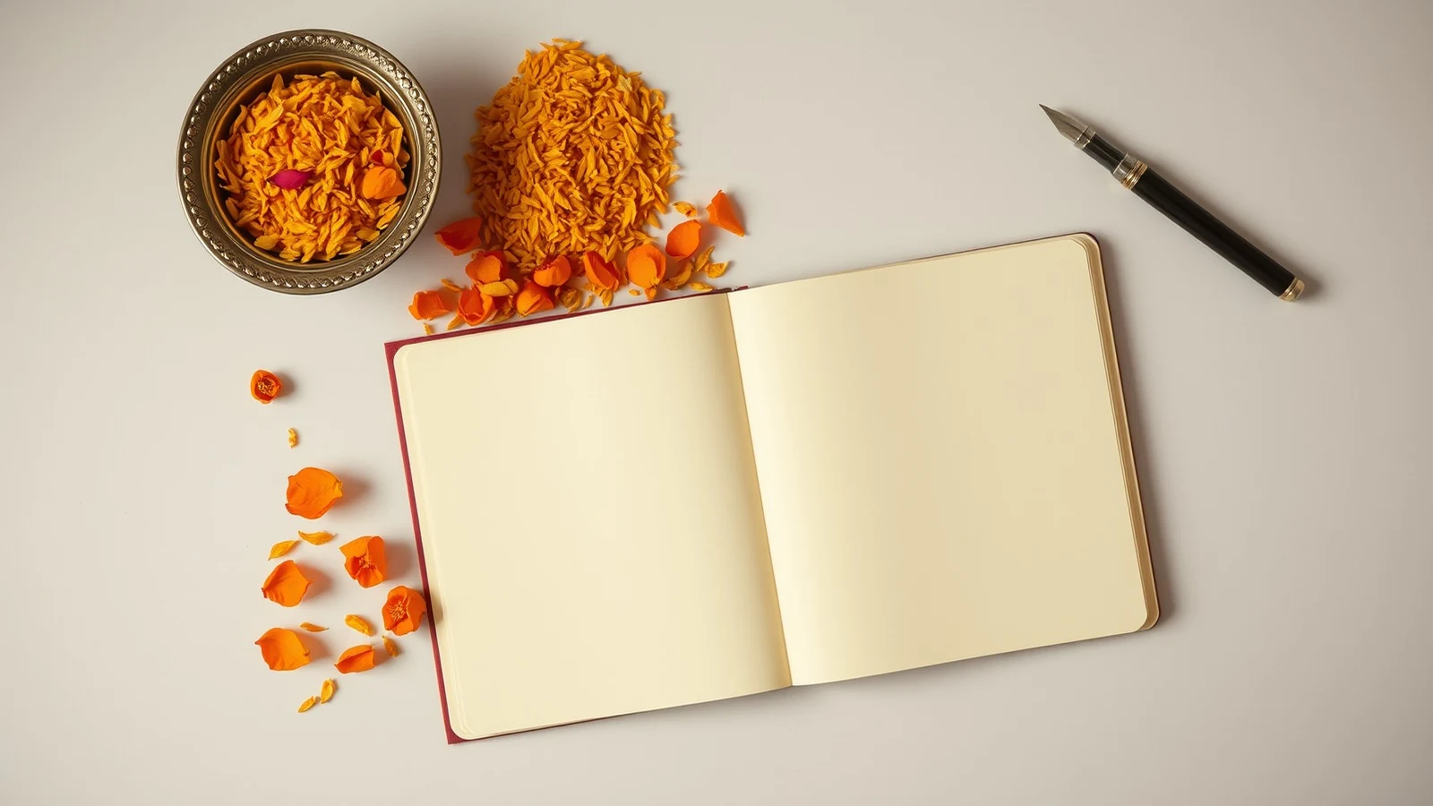 An open wedding planner with turmeric rice and marigold petals, for the 2028 marriage dates guide