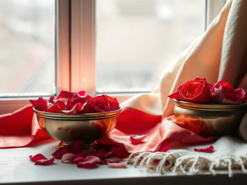 Red and gold wedding silk with rose petals and a winter shawl, for the December 2027 marriage dates guide