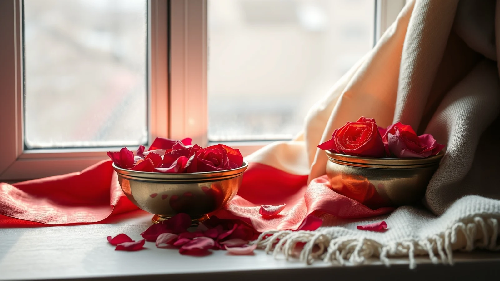 Red and gold wedding silk with rose petals and a winter shawl, for the December 2027 marriage dates guide