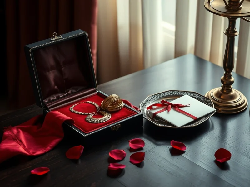 A gold necklace and bangles in a velvet box beside a sealed envelope, representing the mehr in a Muslim marriage