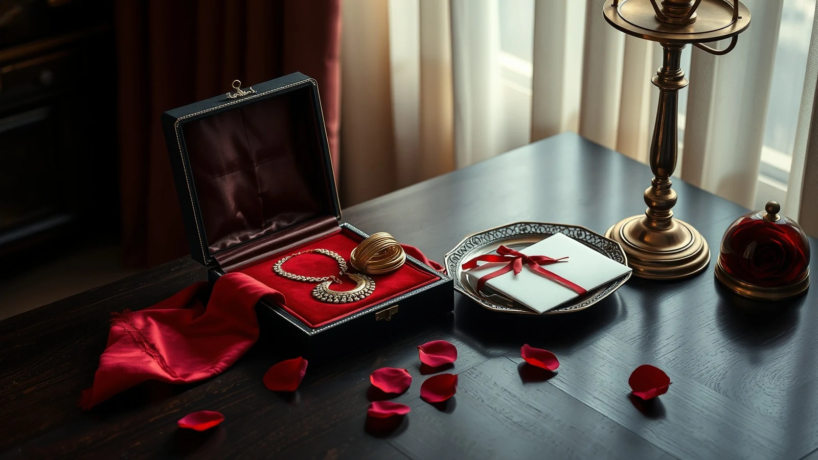 A gold necklace and bangles in a velvet box beside a sealed envelope, representing the mehr in a Muslim marriage
