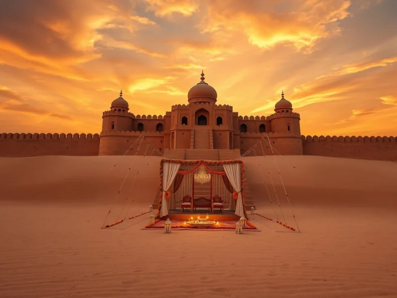 A desert fort at sunset with a small wedding mandap on the sand in front