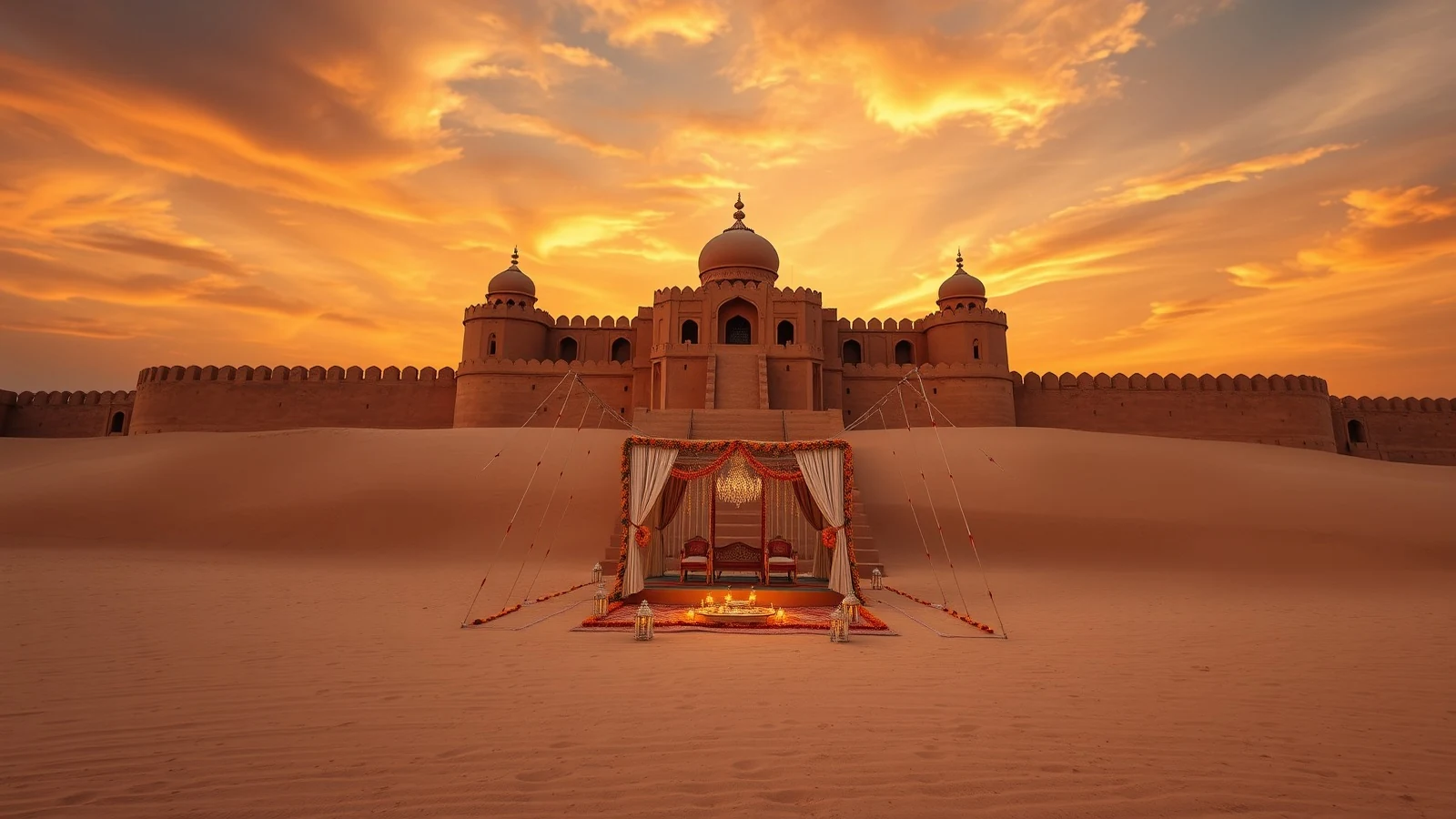 A desert fort at sunset with a small wedding mandap on the sand in front