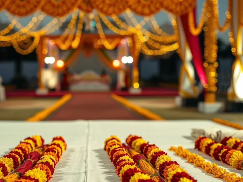 Pairs of marigold and rose garlands laid out with gift envelopes for a Punjabi wedding milni