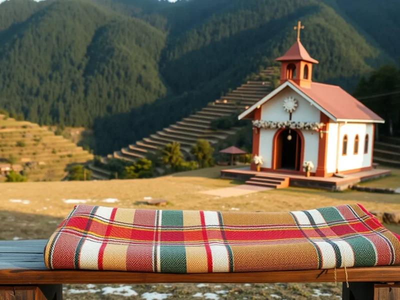 A hillside church in Mizoram decorated for a wedding with a colourful hand-woven puan in the foreground
