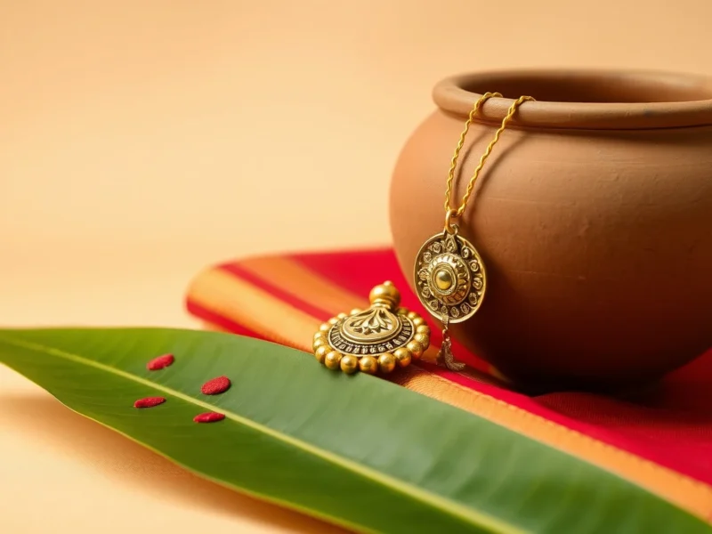 A gold thali on a turmeric thread with a terracotta pot and silk sari, for the Nadar wedding rituals guide