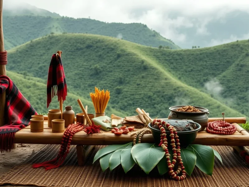 Naga tribal shawls, beaded necklaces and a feast of pork with bamboo shoot set out in the hills of Nagaland