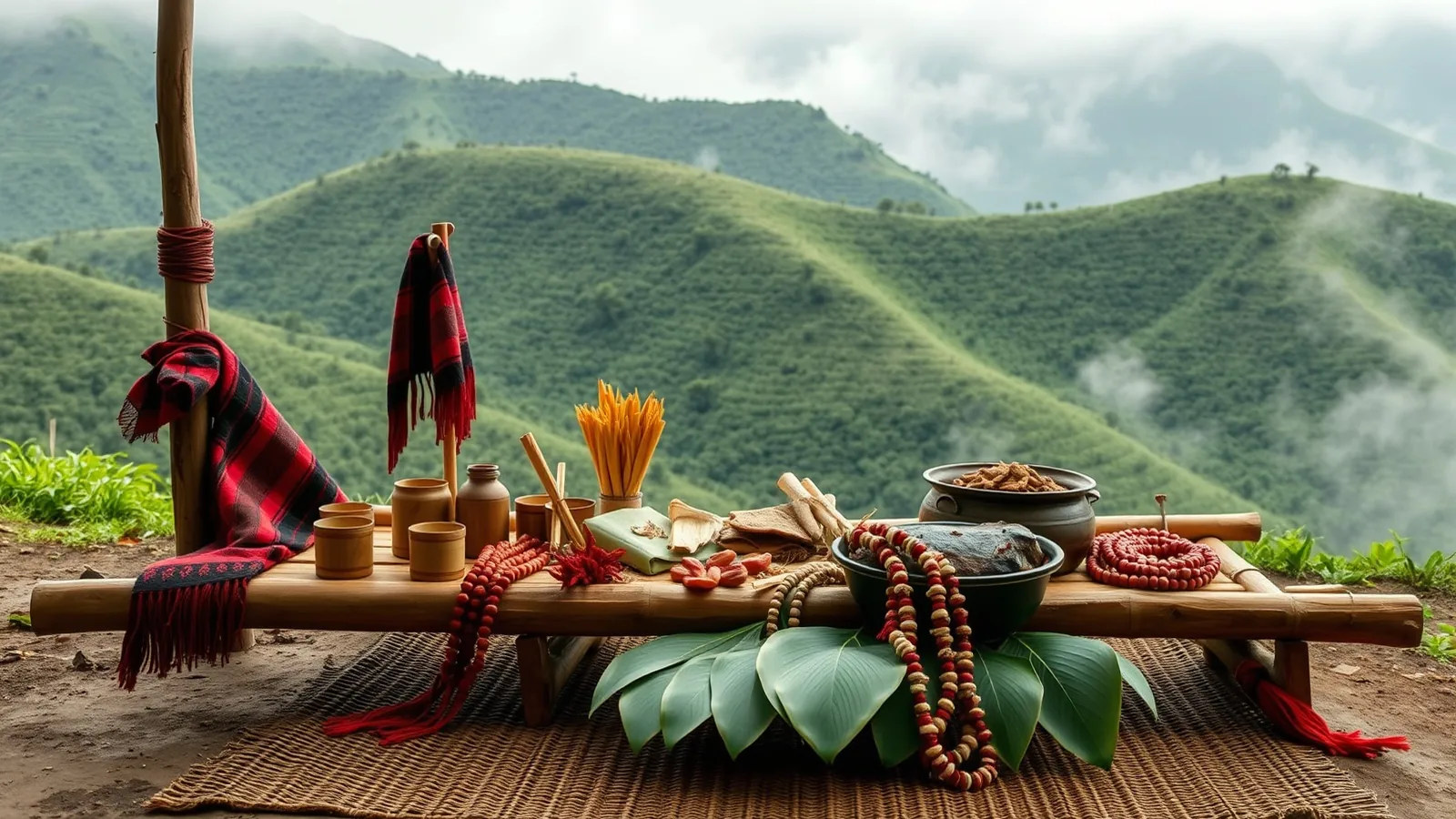 Naga tribal shawls, beaded necklaces and a feast of pork with bamboo shoot set out in the hills of Nagaland