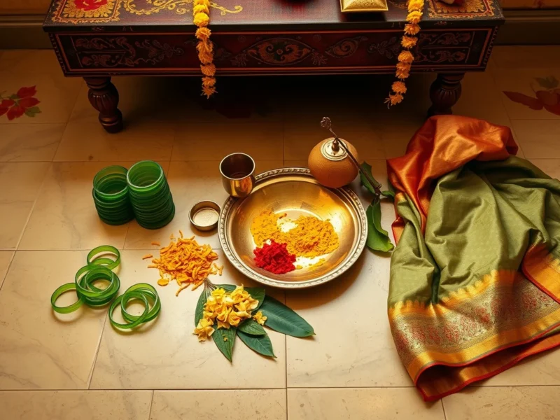 Turmeric, kumkum, green glass bangles, jasmine and a silk saree laid out for a Telugu pellikuthuru ceremony