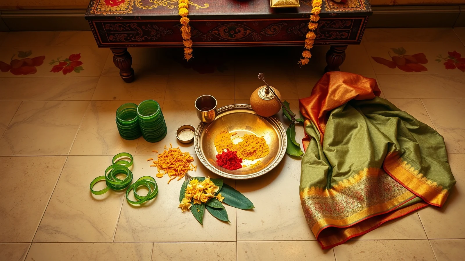 Turmeric, kumkum, green glass bangles, jasmine and a silk saree laid out for a Telugu pellikuthuru ceremony